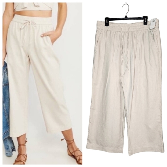 NWT Abercrombie & Fitch wideleg cropped linen blend stretch waist pants. - Picture 1 of 16